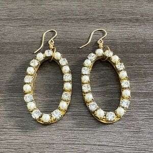 Gold Pearl Rhinestone Oval Dangle Earrings